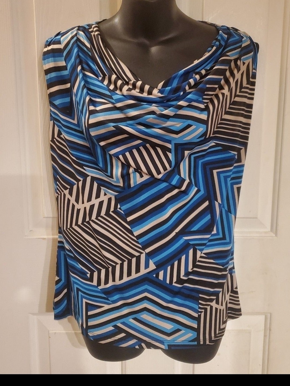 Draped Cowl Neck Geometric Stripe Camisole - Blue/Black/White - Picture 2 of 6